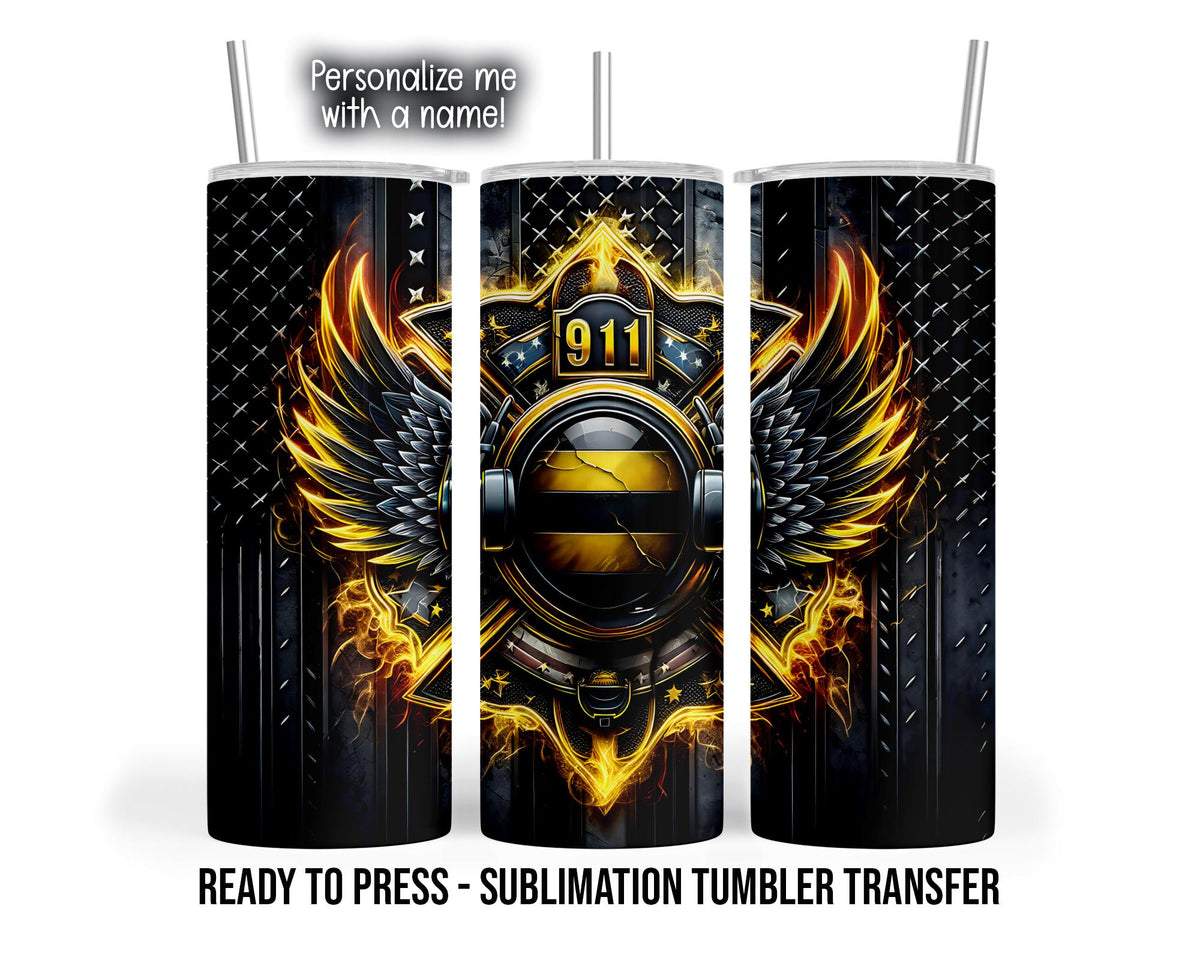 Three tumbler mockup views show a black and gold design with a gold 911 emblem above a large headset surrounding an oval centerpiece. Silver and gold wings spread to either side, with flame-like gold accents, scattered stars, and a dark diamond plate patterned background. The mockups have clear lids and silver-colored straws.