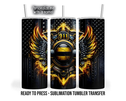 Three tumbler mockup views show a black and gold design with a gold 911 emblem above a large headset surrounding an oval centerpiece. Silver and gold wings spread to either side, with flame-like gold accents, scattered stars, and a dark diamond plate patterned background. The mockups have clear lids and silver-colored straws.