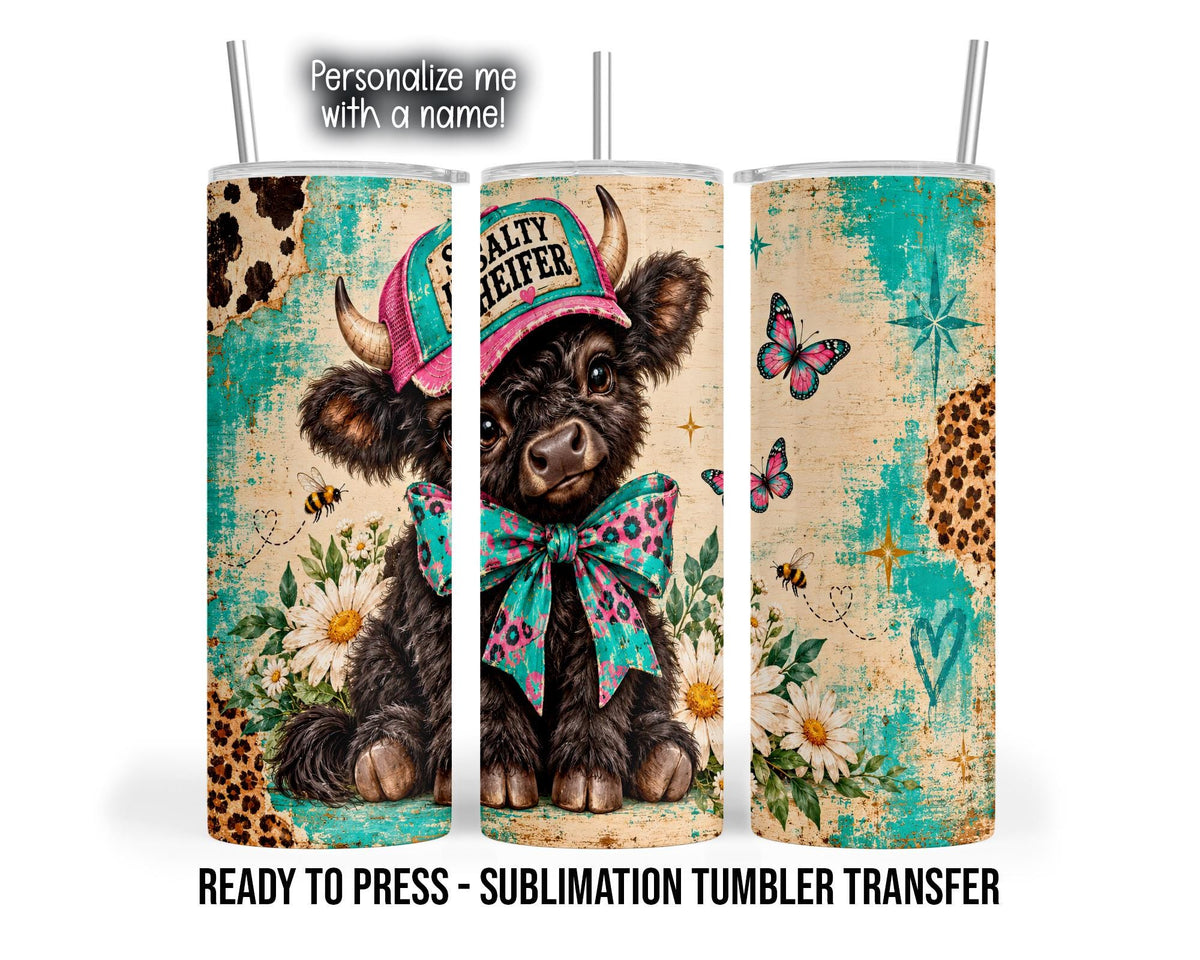 Three tumbler mockup views show a shaggy brown Highland cow wearing a turquoise and pink cap labeled “Salty Heifer” and a large matching leopard-print bow. White daisies, green leaves, pink and turquoise butterflies, bees, and starbursts surround the cow on a distressed cream and turquoise background with animal-print patches.