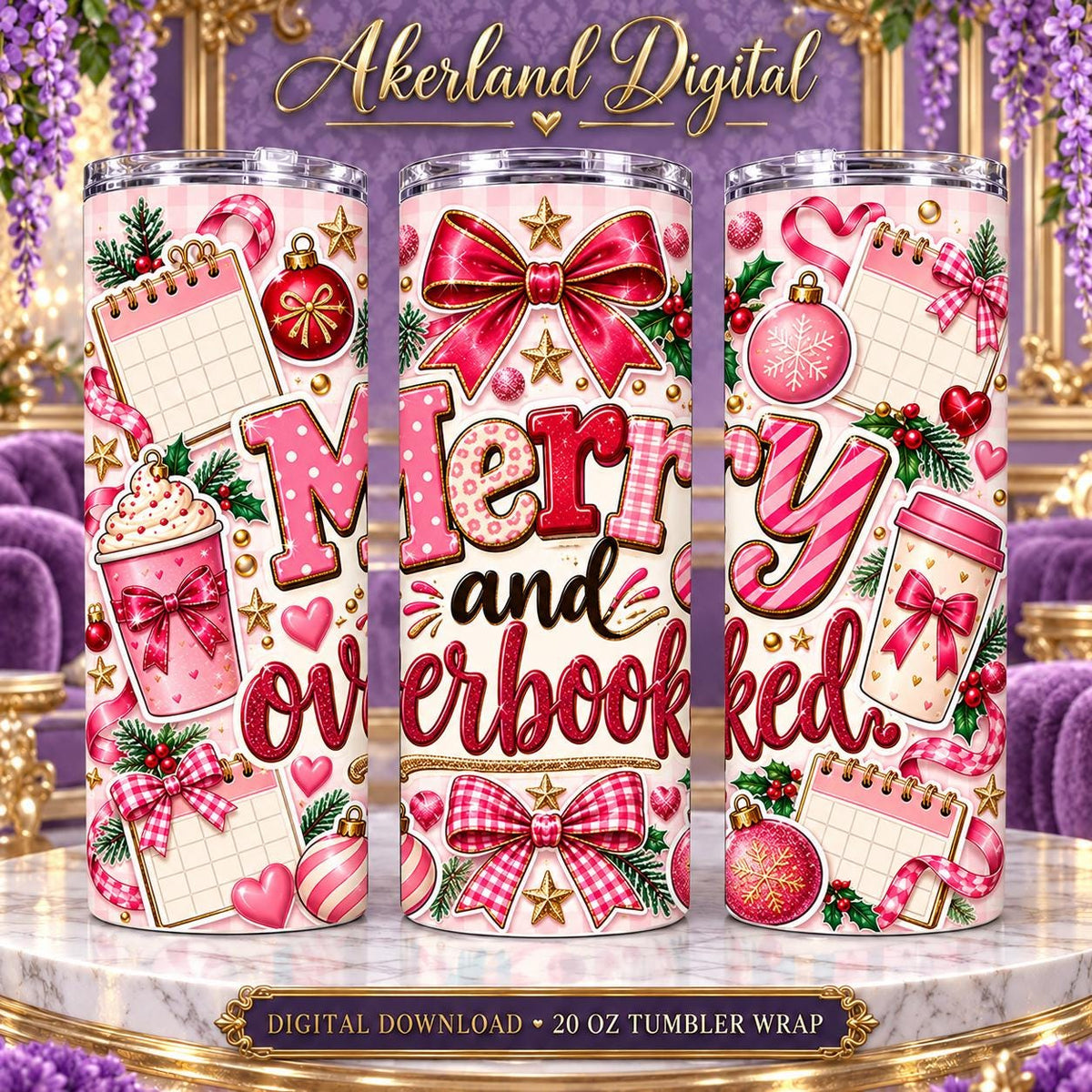 Merry and Overbooked Christmas Tumbler Wrap PNG 20oz