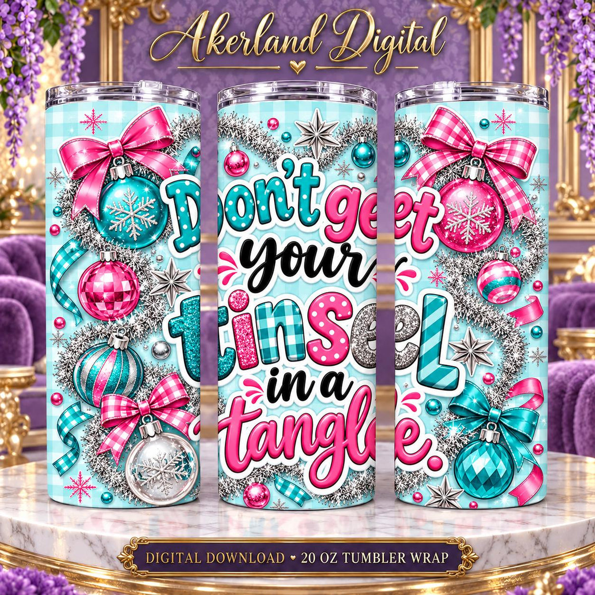 Tinsel in a Tangle Christmas Tumbler Wrap PNG 20oz
