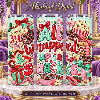 All Wrapped Up in Snacks Christmas Tumbler Wrap PNG 20oz