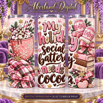 Holiday Social Battery Christmas Tumbler Wrap PNG 20oz