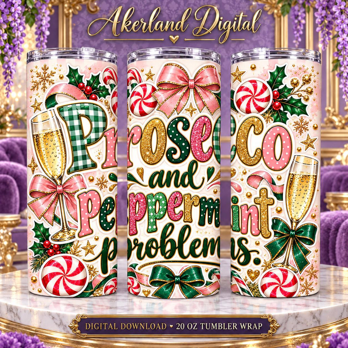 Prosecco and Peppermint Christmas Tumbler Wrap PNG 20oz