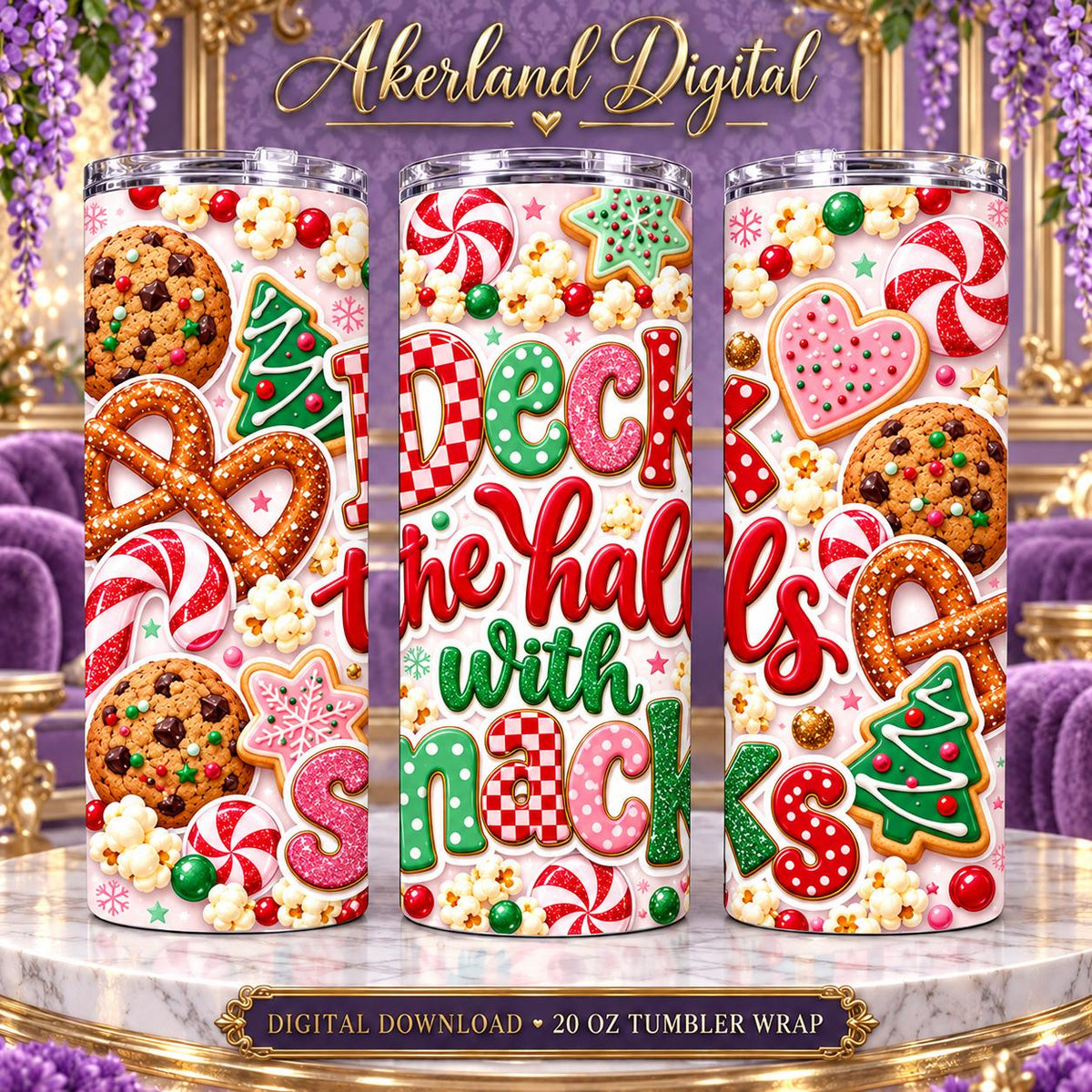 Deck the Halls with Snacks Christmas Tumbler Wrap PNG 20oz