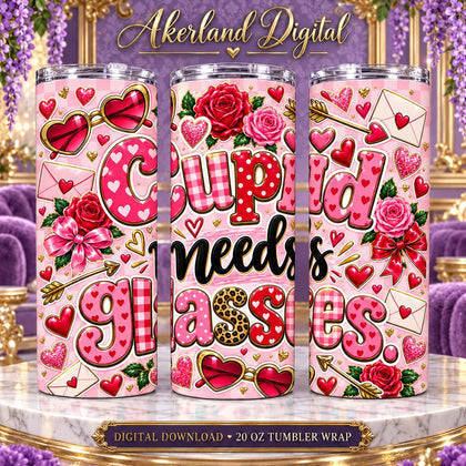 Cupid Needs Glasses Valentine Tumbler Wrap PNG 20oz