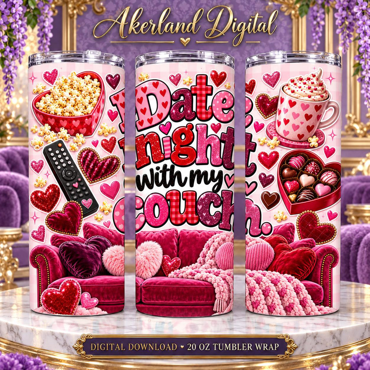 Date Night with My Couch Valentine Tumbler Wrap PNG 20oz