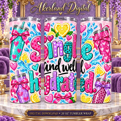Single and Well Hydrated Valentine Tumbler Wrap PNG 20oz