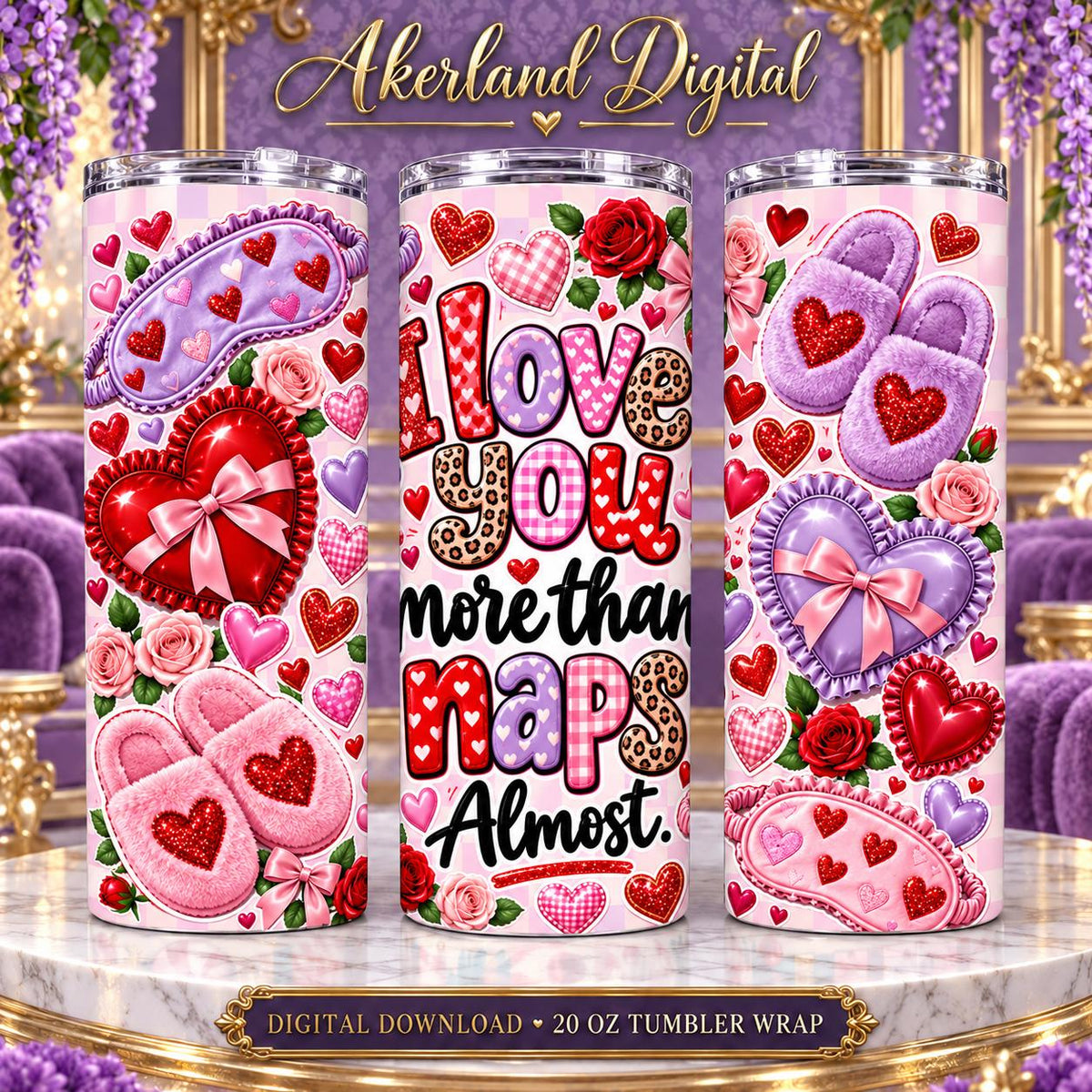 Love You More Than Naps Valentine Tumbler Wrap PNG 20oz