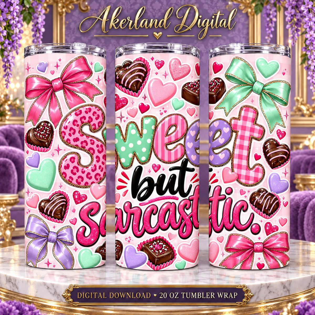 Sweet but Sarcastic Valentine Tumbler Wrap PNG 20oz