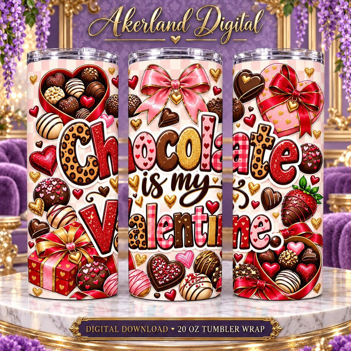 Chocolate Is My Valentine Valentine Tumbler Wrap PNG 20oz