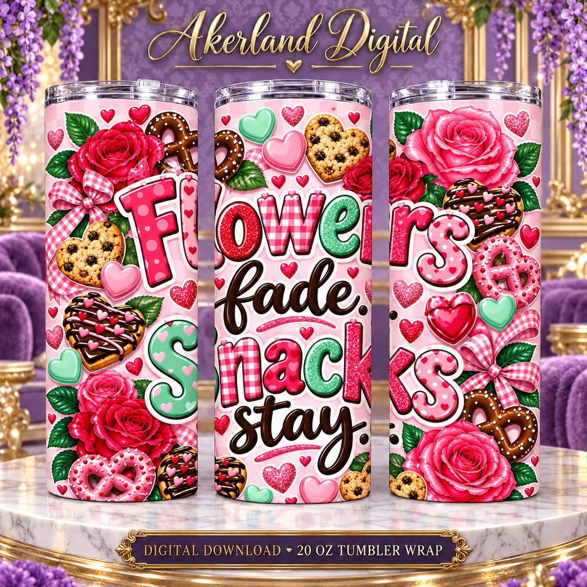 Flowers Fade Snacks Stay Valentine Tumbler Wrap PNG 20oz