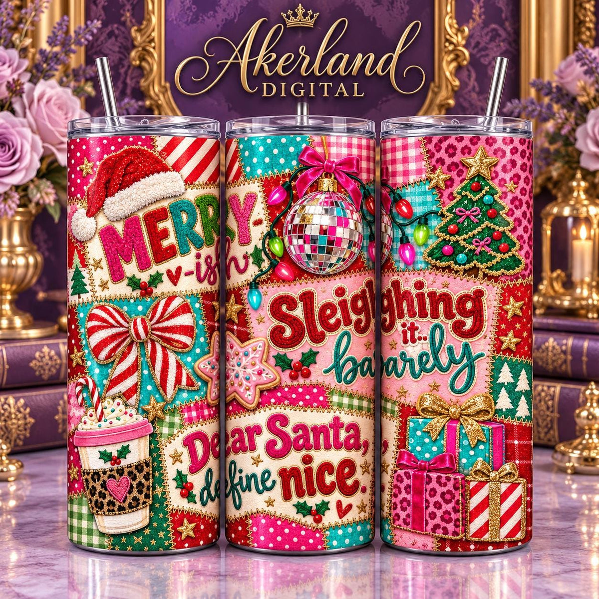Merry-ish Christmas Patchwork Tumbler Wrap PNG Digital Download