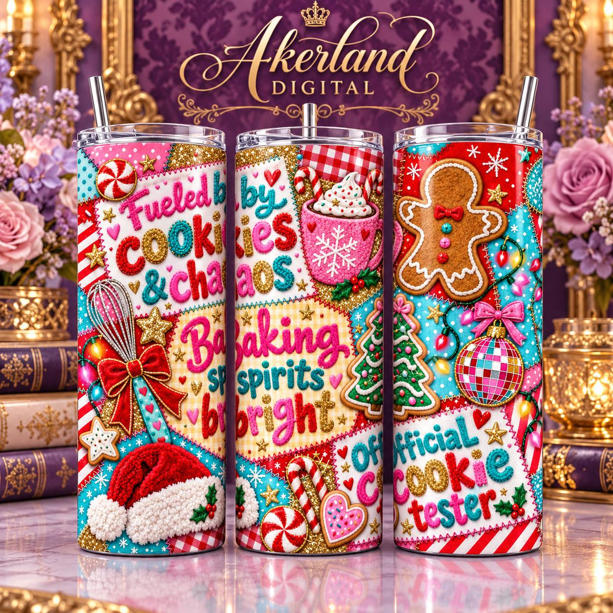 Cookies and Chaos Christmas Patchwork Tumbler Wrap PNG Digital Download