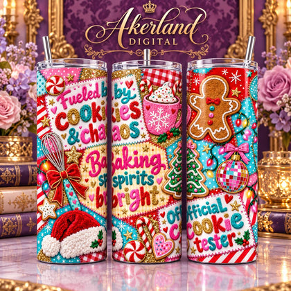 Cookies and Chaos Christmas Patchwork Tumbler Wrap PNG Digital Download