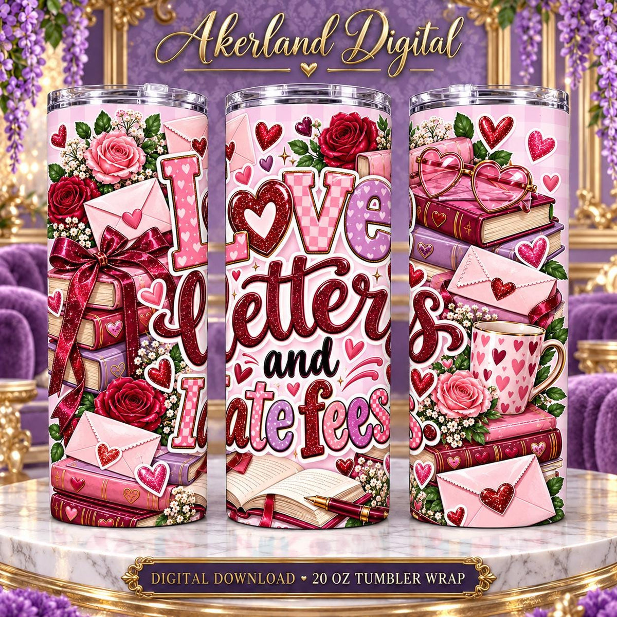 Love Letters and Late Fees Valentine Tumbler Wrap PNG 20oz