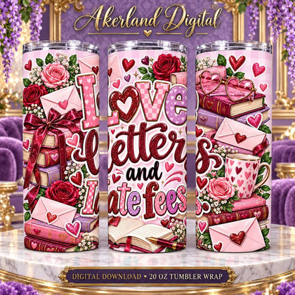 Love Letters and Late Fees Valentine Tumbler Wrap PNG 20oz