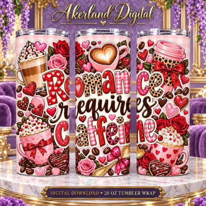 Romance Requires Caffeine Valentine Tumbler Wrap PNG 20oz
