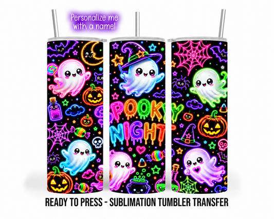 Spooky Night sublimation transfer mockup in Akerland Prints product layout: three tumblers with straws, personalization callout and ready-to-press footer. Tumblers not included.